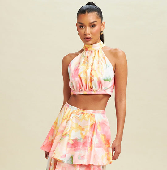 Fashion Pink Multi-Color Floral Print Halter Crop Top