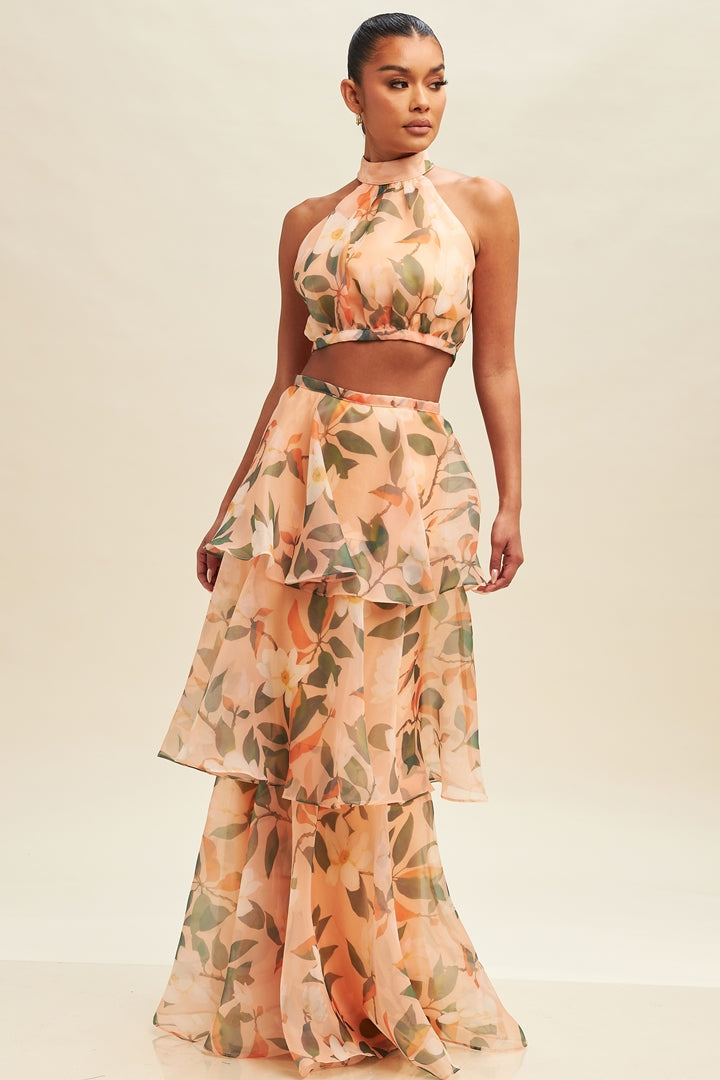 Elegant Peach Multi-Color Floral Print High Waisted Ruffle Maxi Skirt