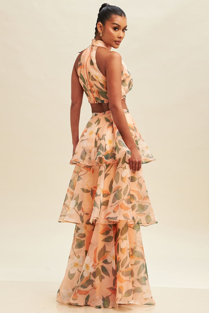 Elegant Peach Multi-Color Floral Print High Waisted Ruffle Maxi Skirt