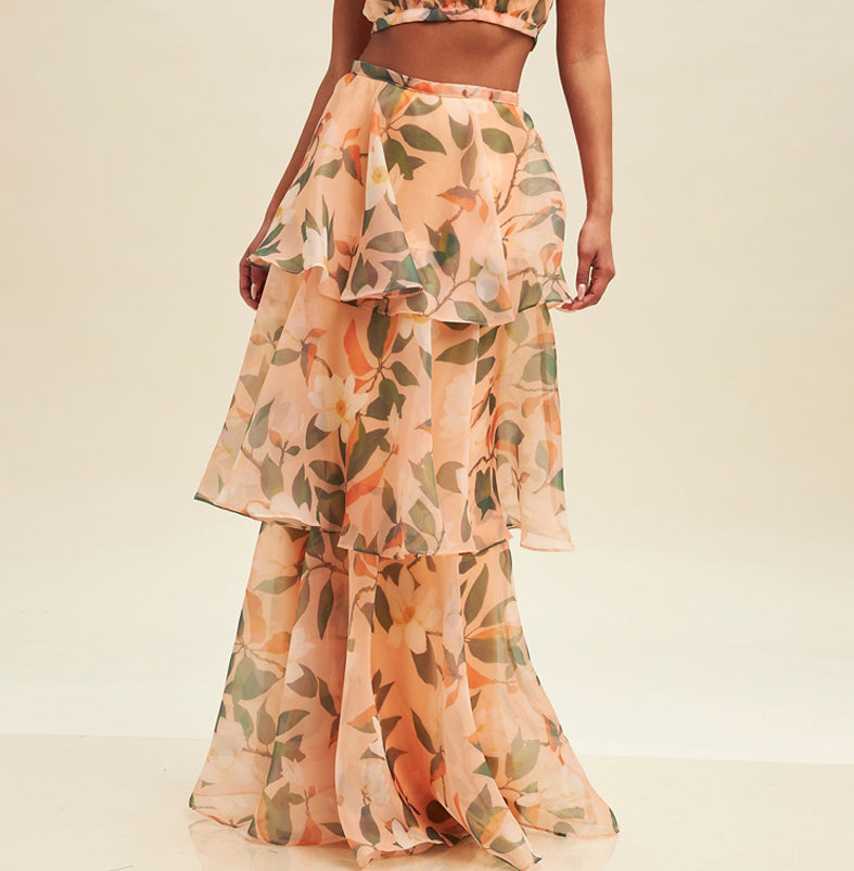 Elegant Peach Multi-Color Floral Print High Waisted Ruffle Maxi Skirt