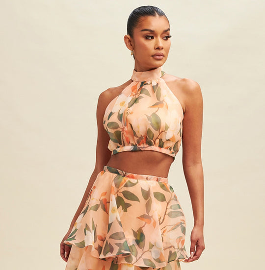 Elegant Peach Multi-Color Floral Print Halter Crop Top