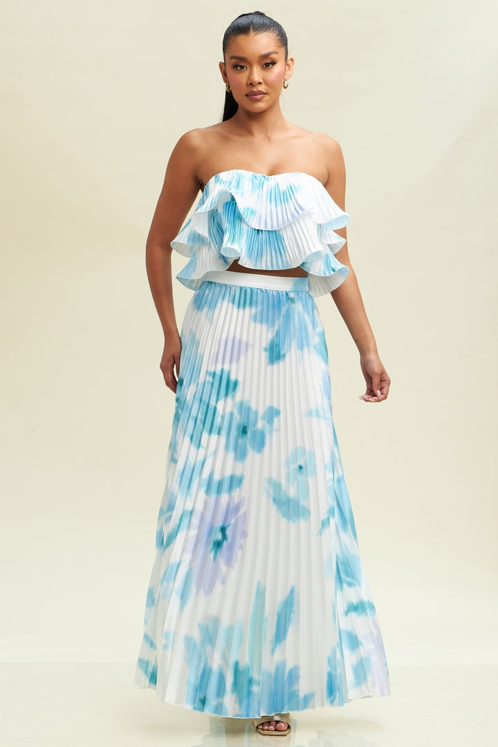 Elegant White Blue Watercolor Pleated Satin High Waisted Ruffle Maxi Skirt