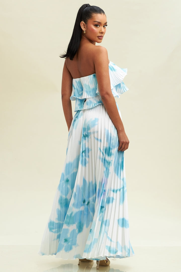 Elegant White Blue Watercolor Pleated Satin High Waisted Ruffle Maxi Skirt S / Light Blue Elegant White Blue Watercolor Pleated Satin High Waisted Ruffle Maxi Skirt S / Light Blue