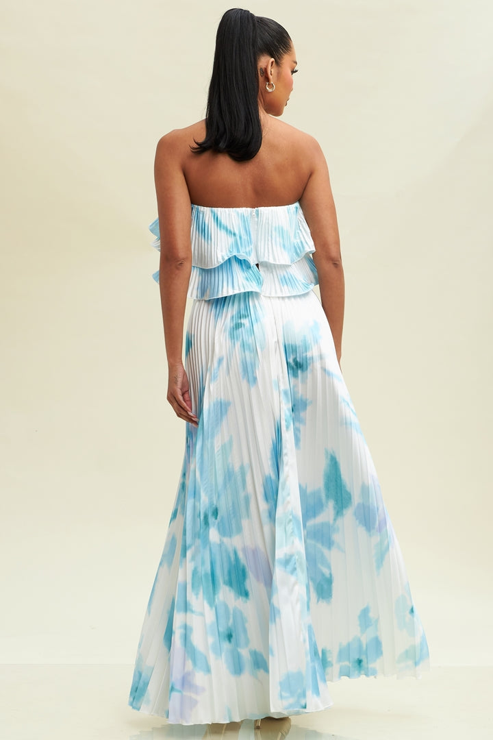 Elegant White Blue Watercolor Pleated Satin High Waisted Ruffle Maxi Skirt