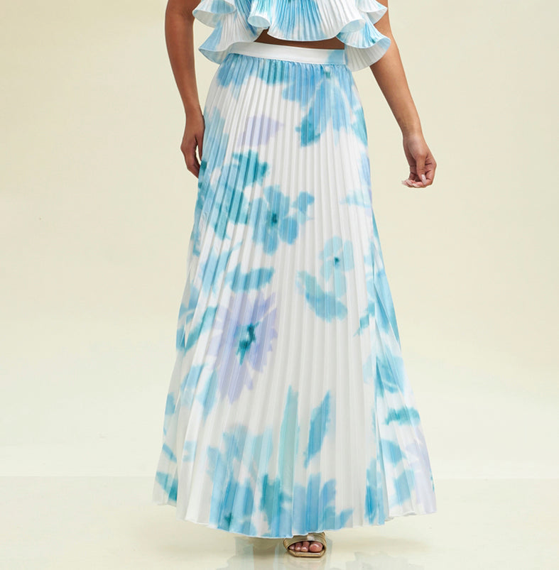 Elegant White Blue Watercolor Pleated Satin High Waisted Ruffle Maxi Skirt