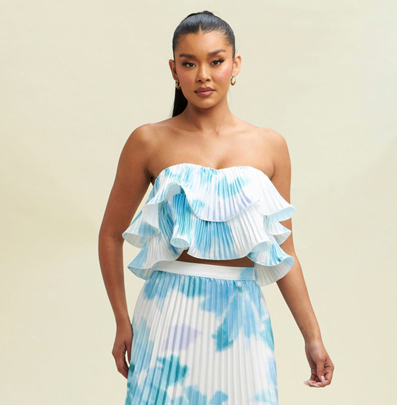 Elegant White Blue Watercolor Strapless Pleated Satin Ruffle Layered Top