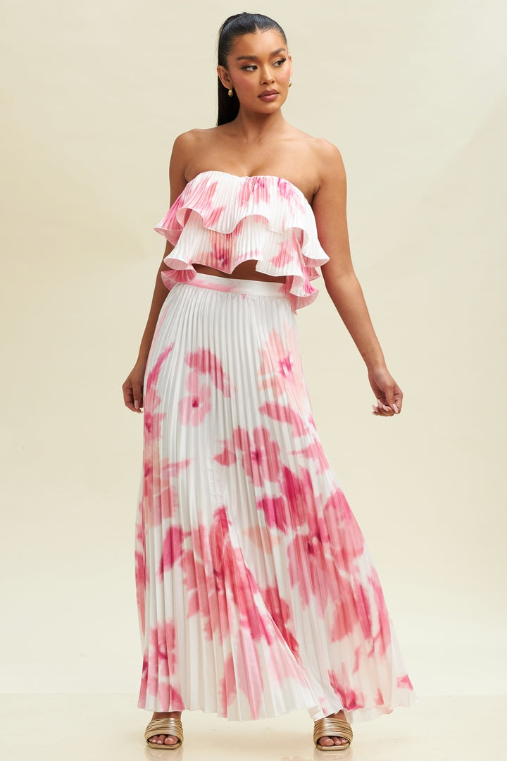 Elegant White Pink Watercolor Pleated Satin High Waisted Ruffle Maxi Skirt