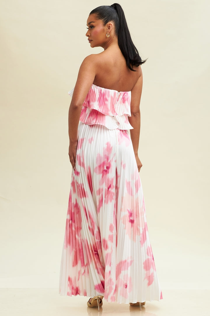 Elegant White Pink Watercolor Strapless Pleated Satin Ruffle Layered Top