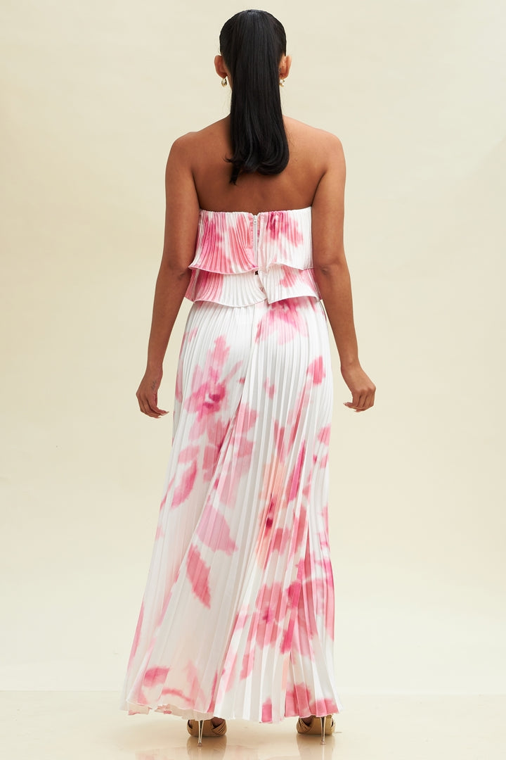 Elegant White Pink Watercolor Pleated Satin High Waisted Ruffle Maxi Skirt