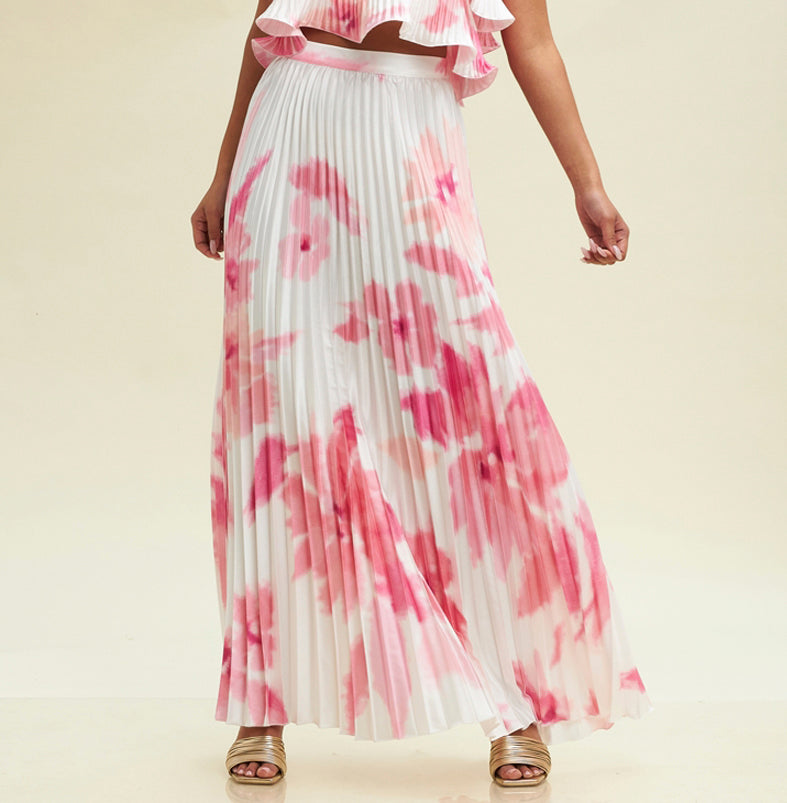 Elegant White Pink Watercolor Pleated Satin High Waisted Ruffle Maxi Skirt