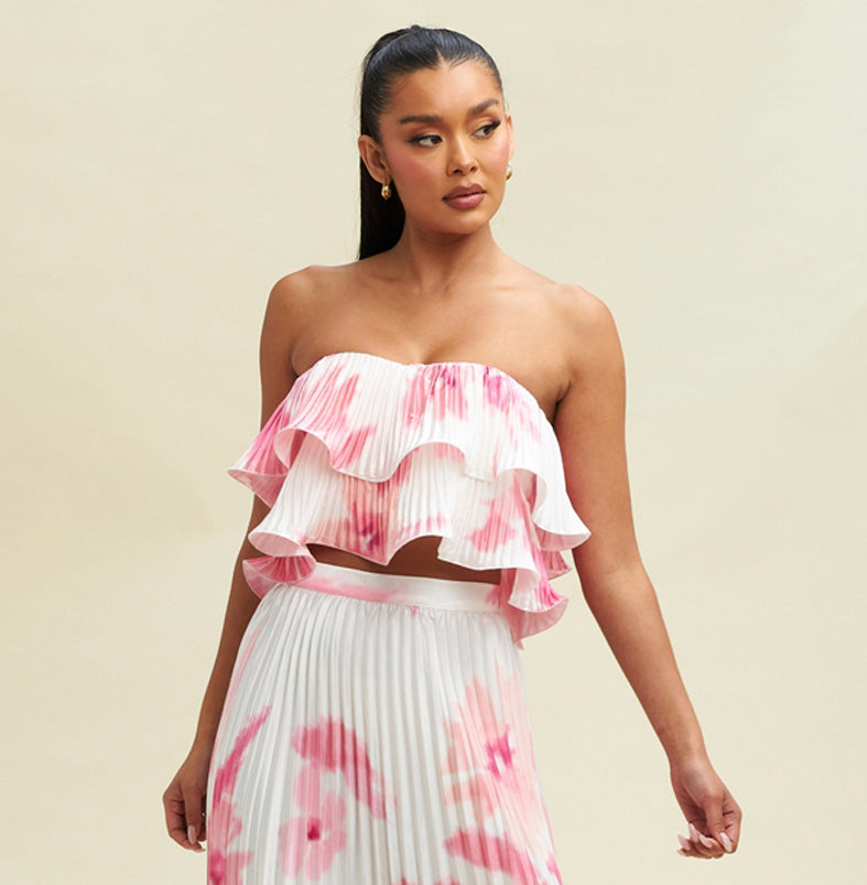 Elegant White Pink Watercolor Strapless Pleated Satin Ruffle Layered Top