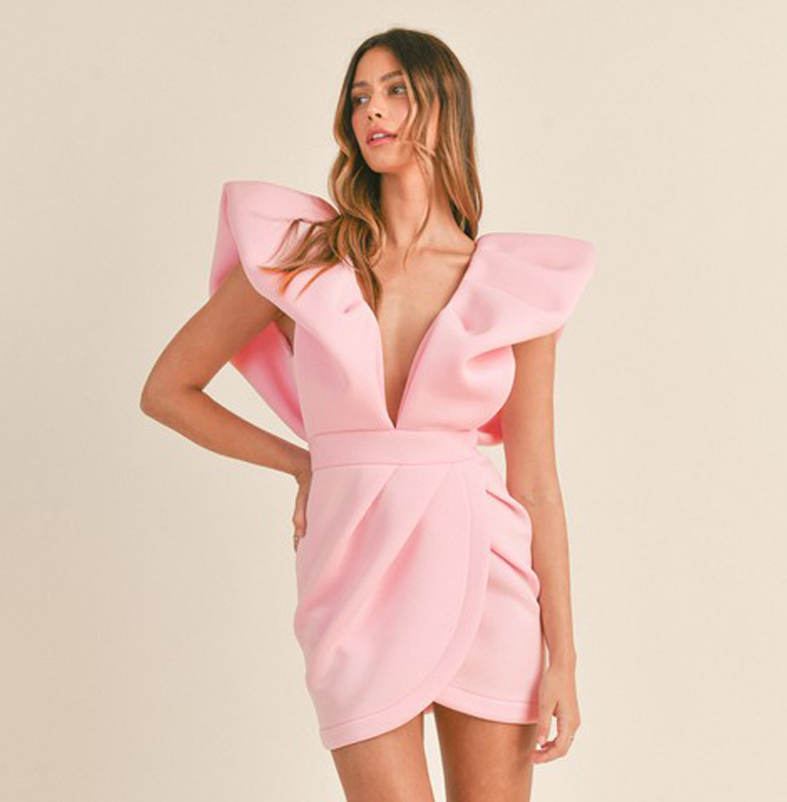 Elegant Pink V-Neck High Low Puffy Ruffle Mini Dress