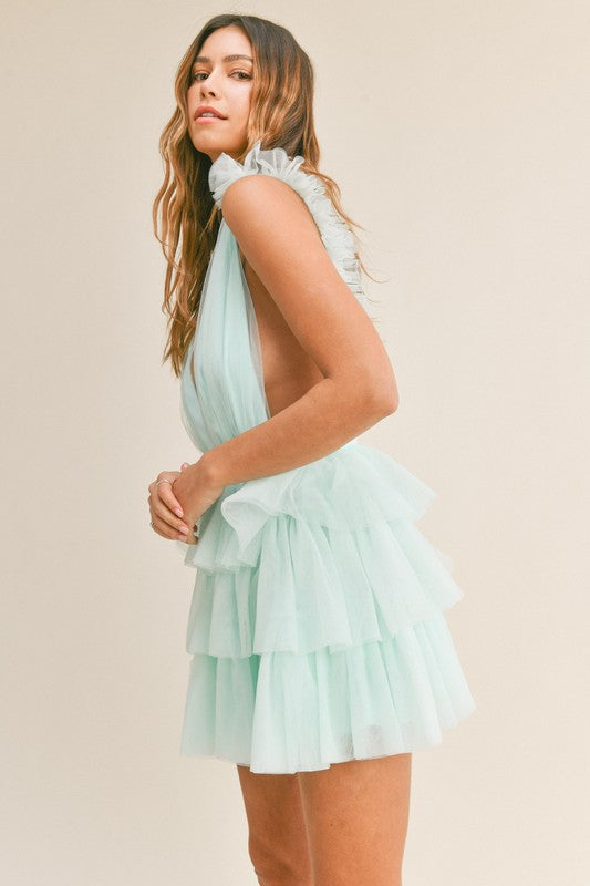 Elegant Aqua Deep V-Neck Open Side Ruffle Tulle Mini Dress