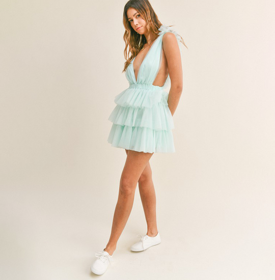 Elegant Aqua Deep V-Neck Open Side Ruffle Tulle Mini Dress