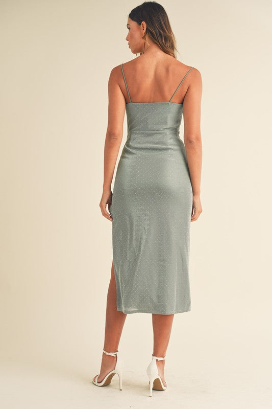 Elegant Strap Seagreen Crystal Detailed Ruched Midi Dress with Middle Slit