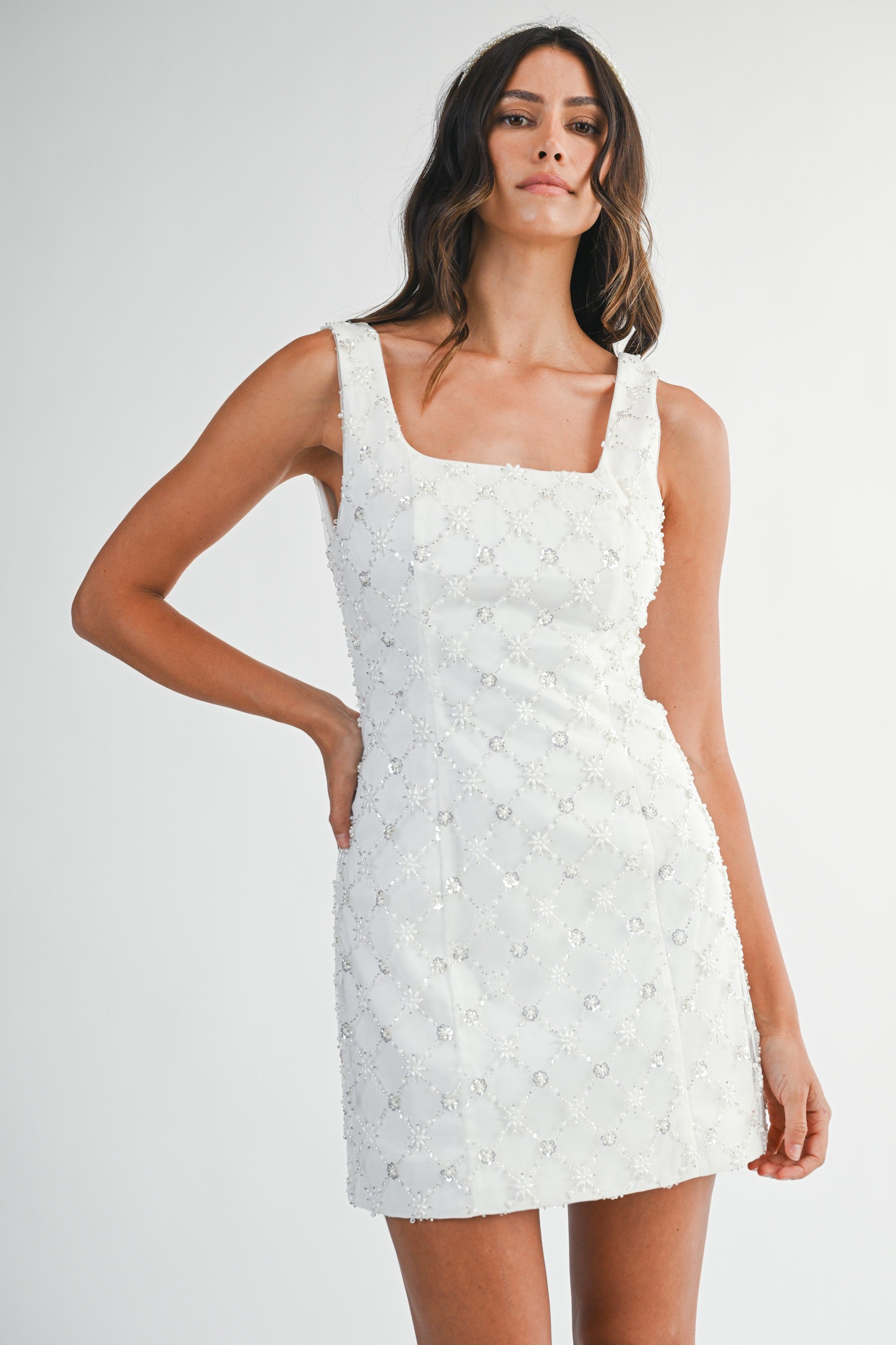 Elegant Strap Off White Floral Pearl Beaded Sequence Detailed Corset Mini Dress