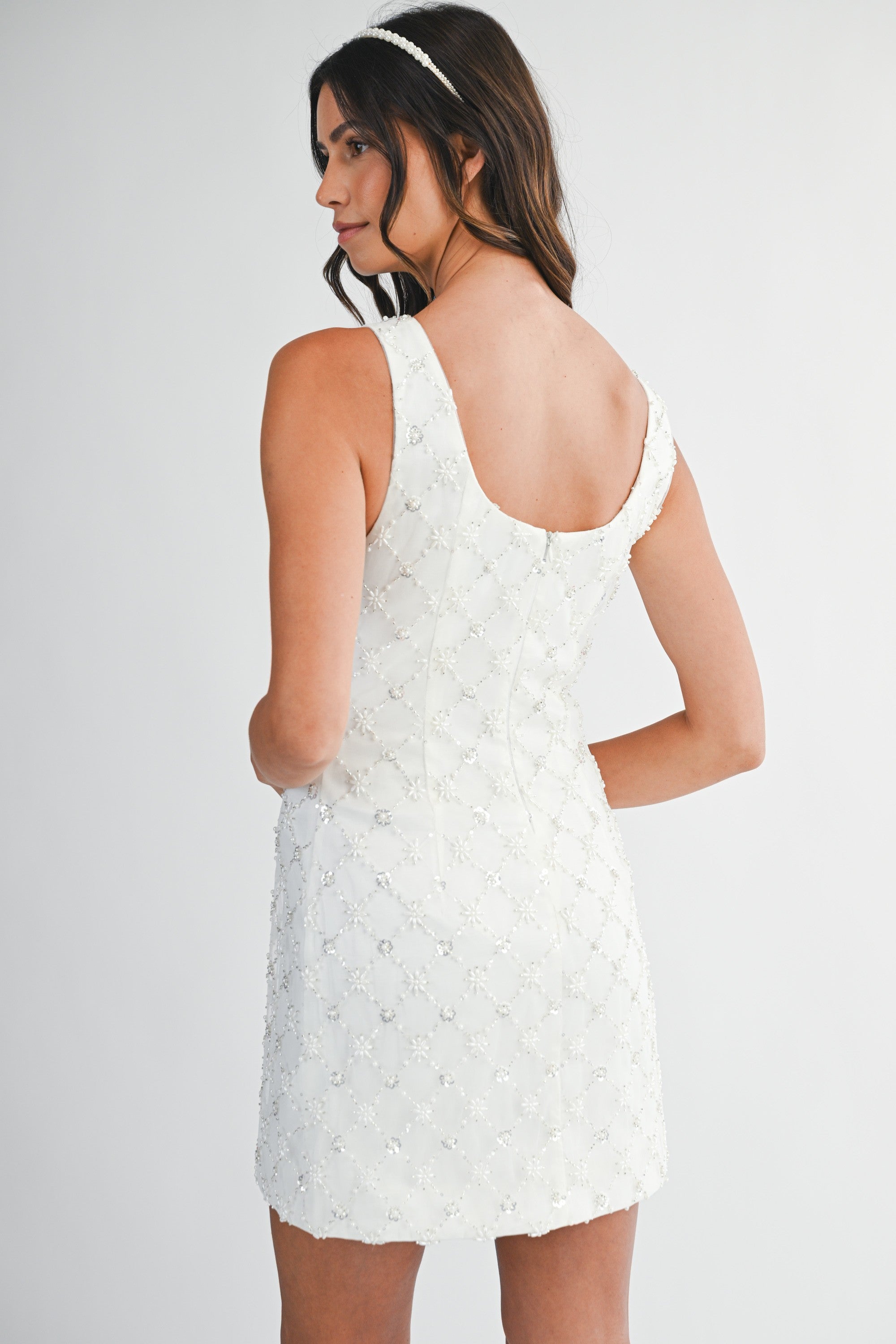 Elegant Strap Off White Floral Pearl Beaded Sequence Detailed Corset Mini Dress