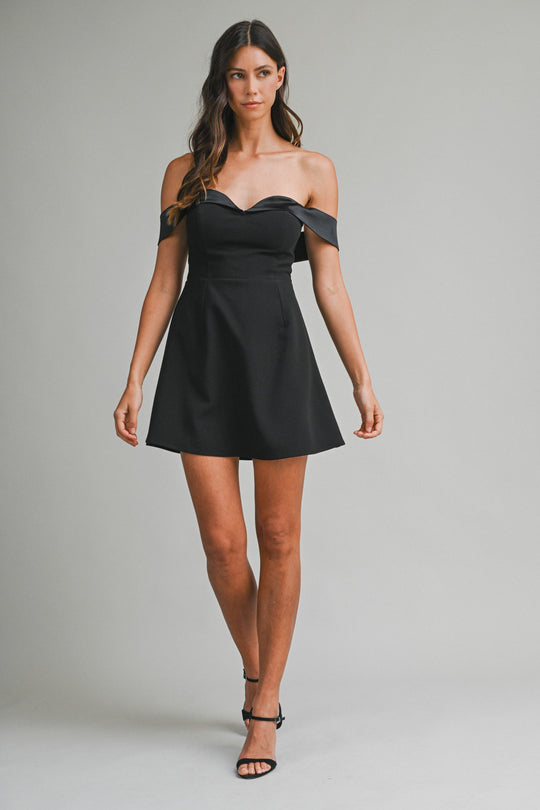 Elegant Off Shoulder Black Tuxedo Detailed Corset Ruffle Mini Dress