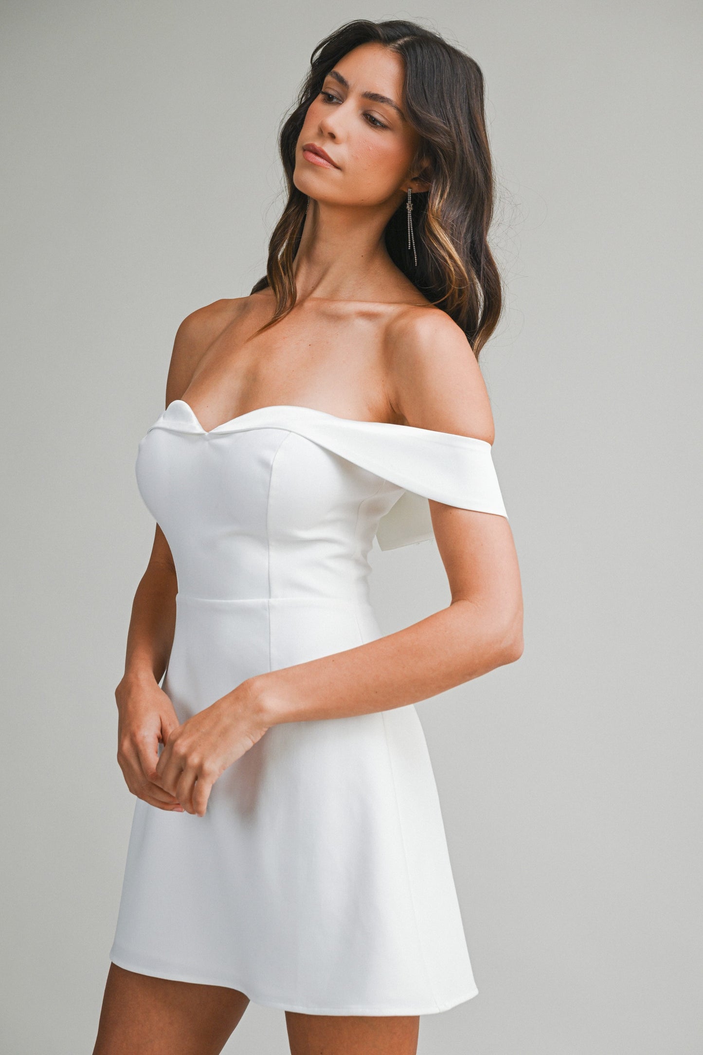 Elegant Off Shoulder Off White Tuxedo Detailed Corset Ruffle Mini Dress