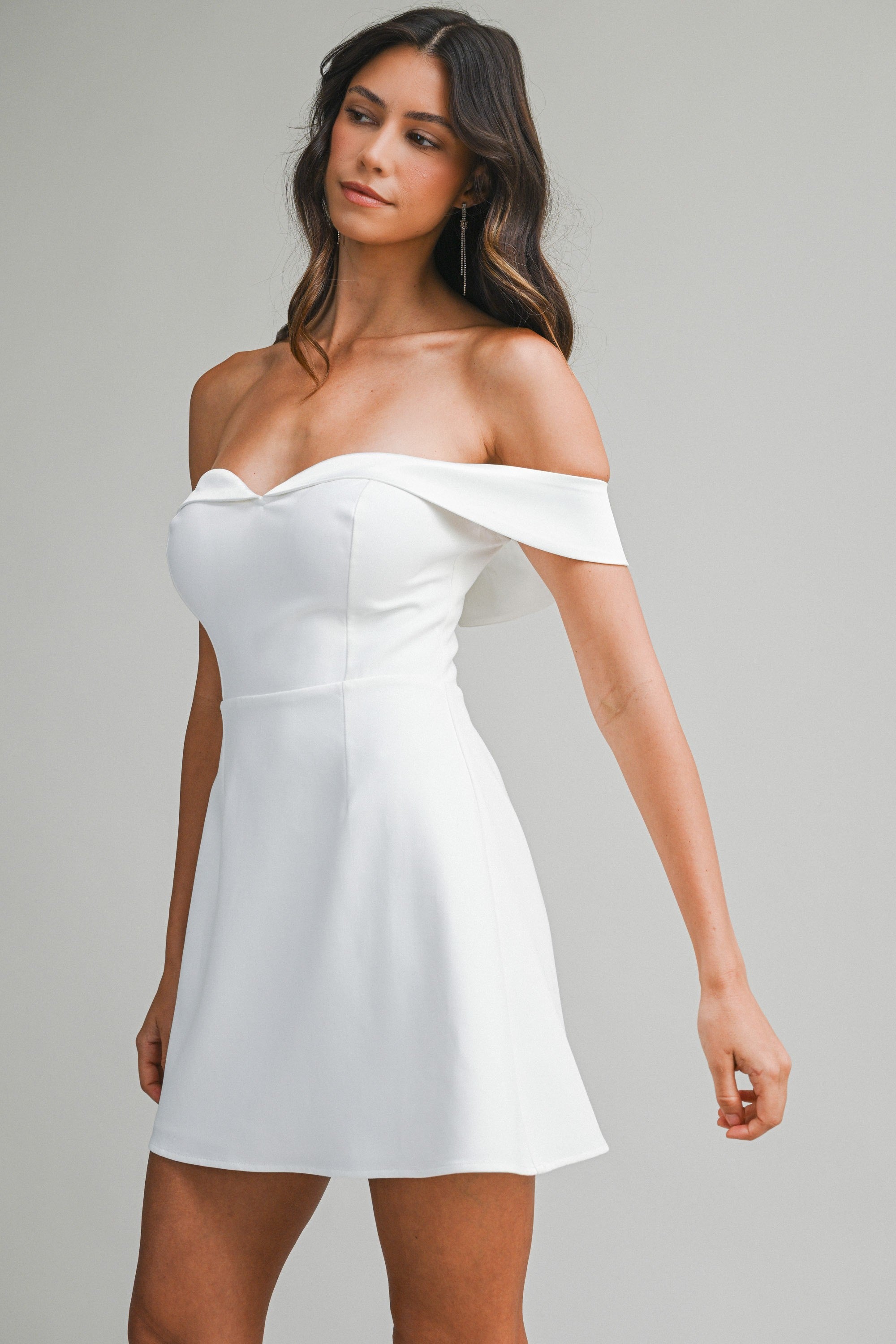 Elegant Off Shoulder Off White Tuxedo Detailed Corset Ruffle Mini Dress