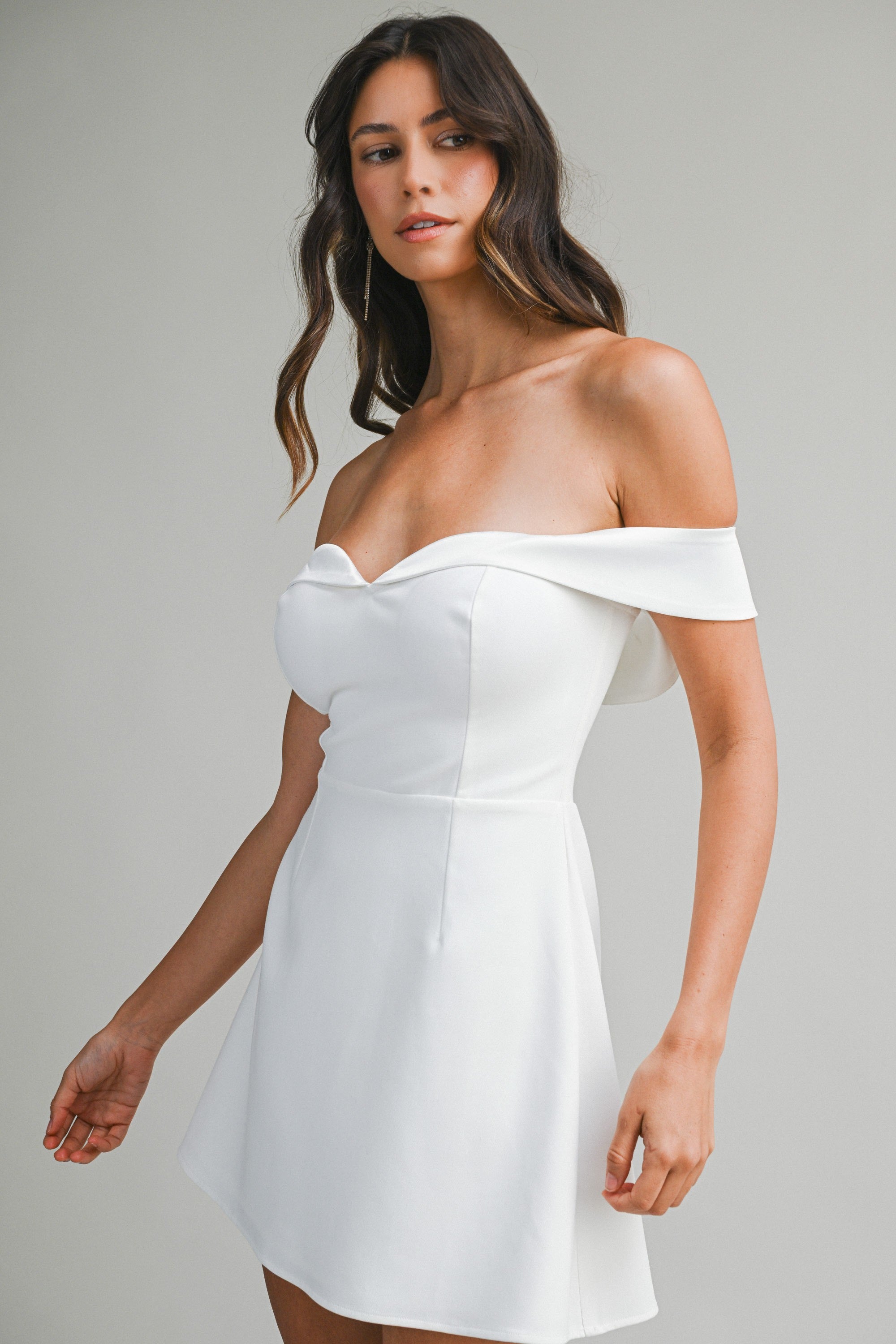 Elegant Off Shoulder Off White Tuxedo Detailed Corset Ruffle Mini Dress