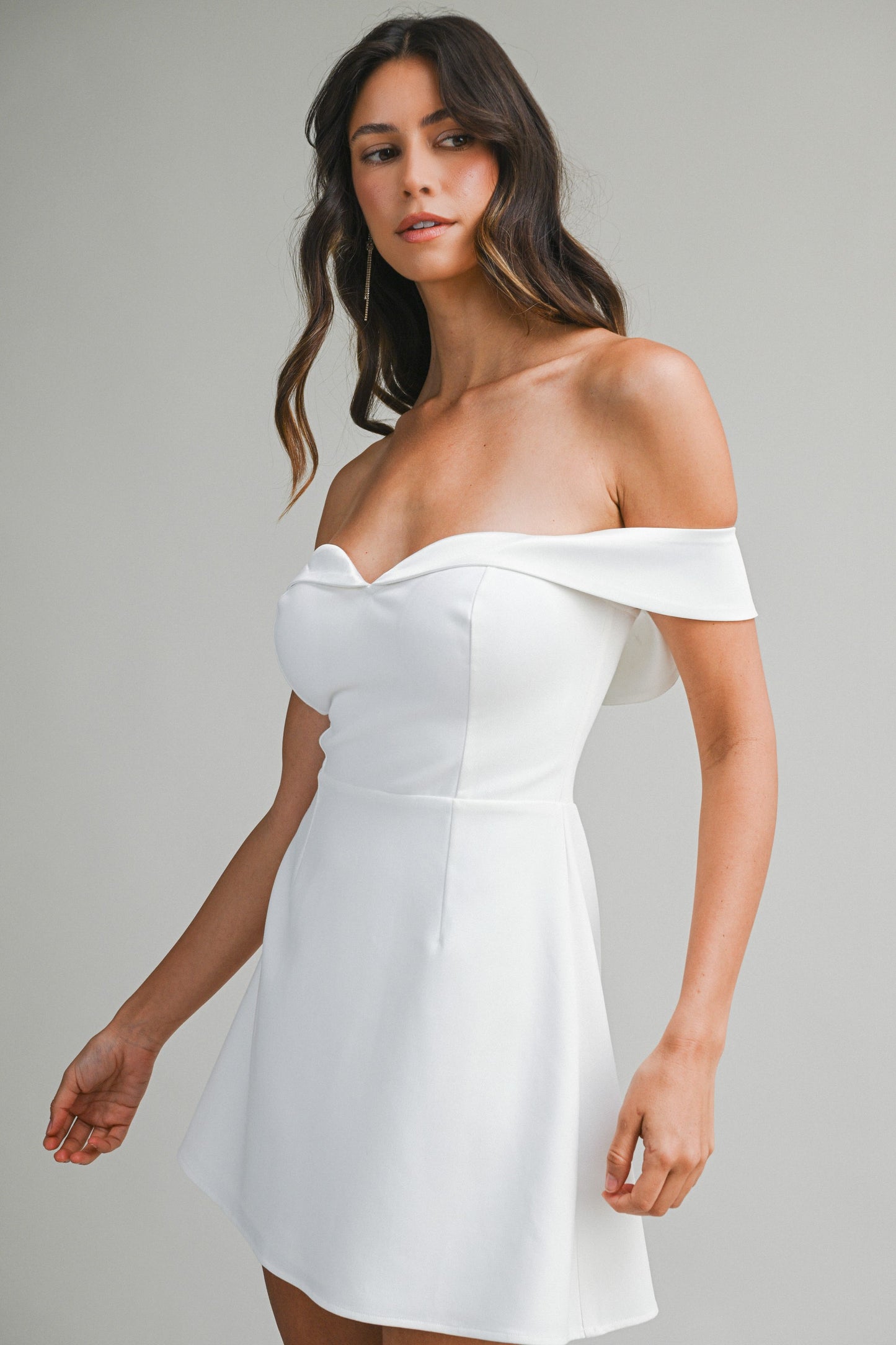 Elegant Off Shoulder Off White Tuxedo Detailed Corset Ruffle Mini Dress