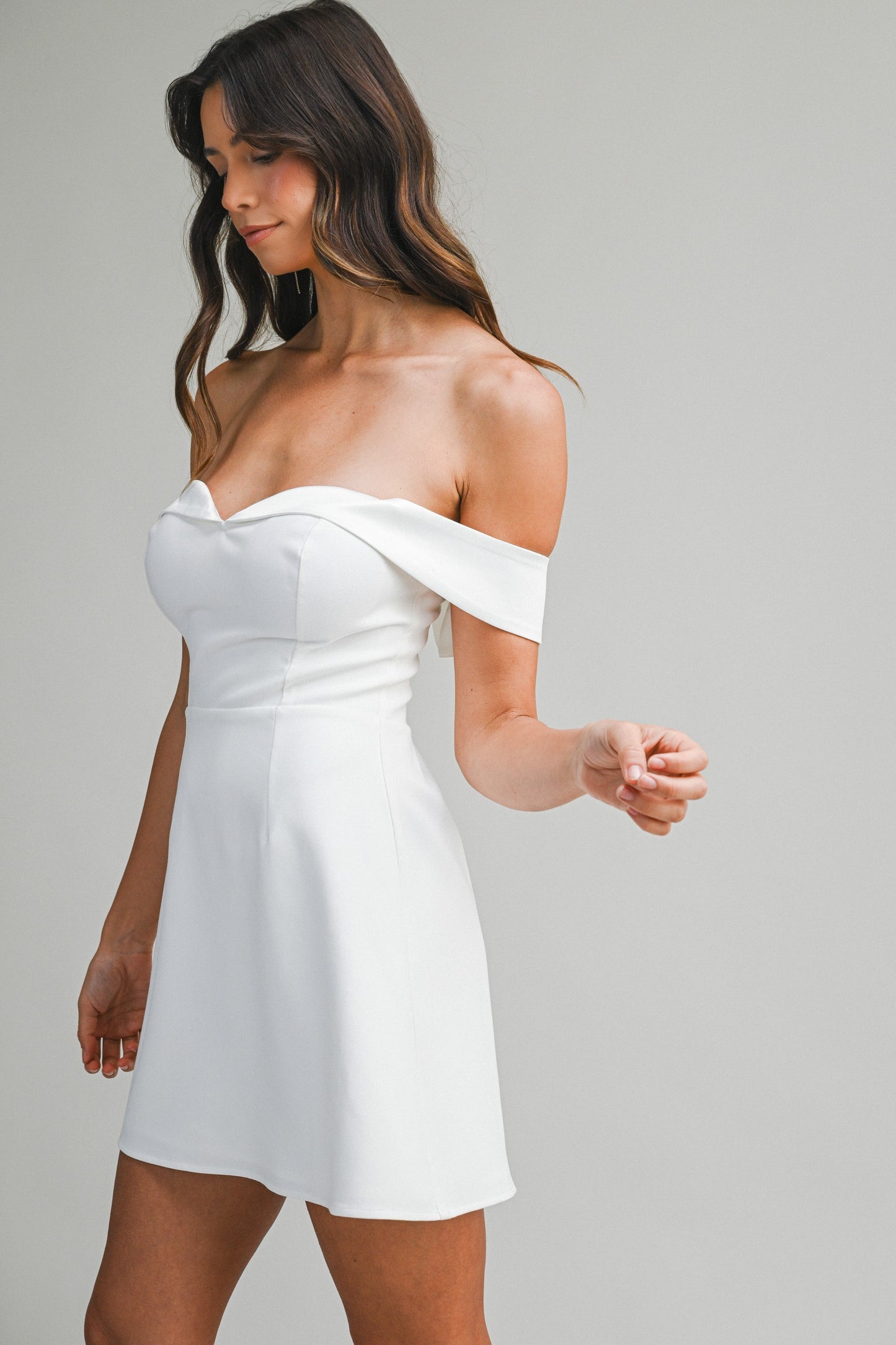 Elegant Off Shoulder Off White Tuxedo Detailed Corset Ruffle Mini Dress