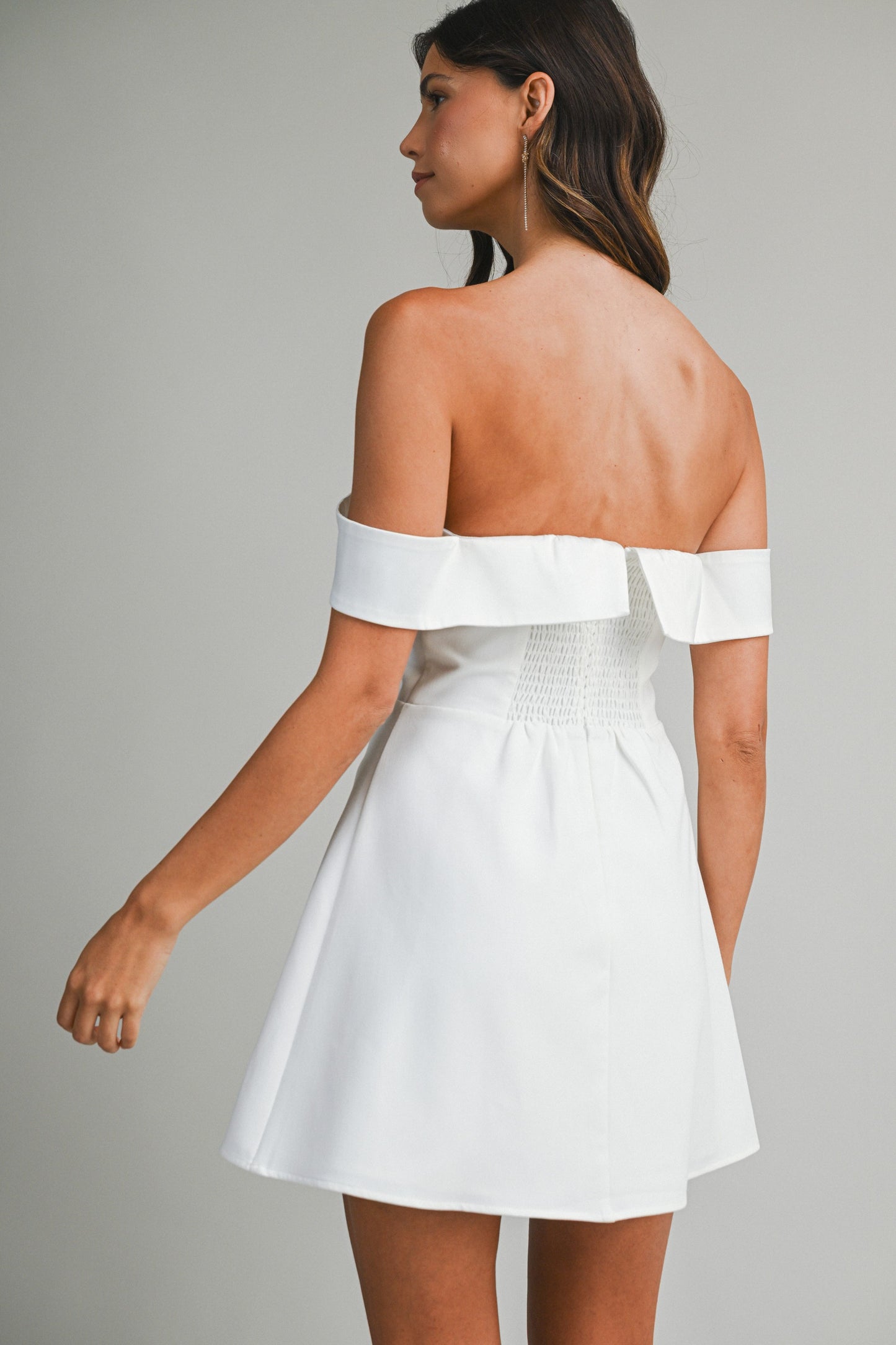 Elegant Off Shoulder Off White Tuxedo Detailed Corset Ruffle Mini Dress