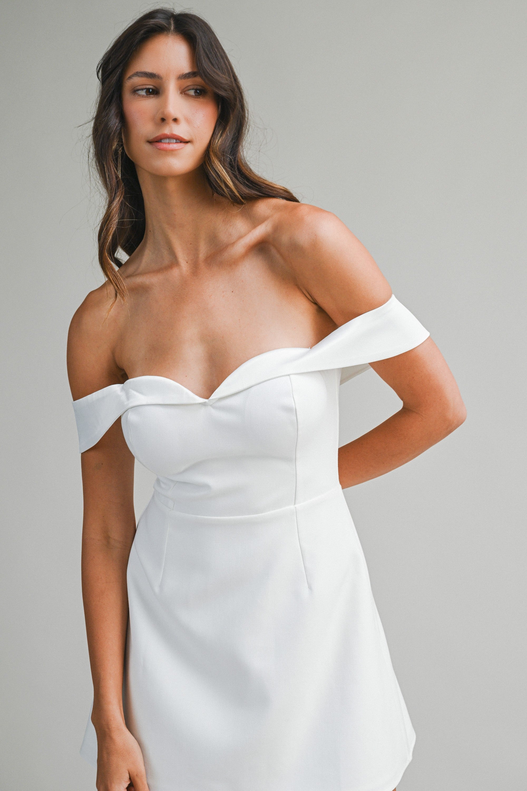 Elegant Off Shoulder Off White Tuxedo Detailed Corset Ruffle Mini Dress