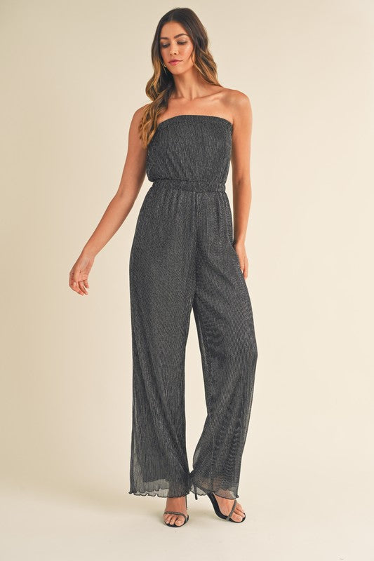 Elegant Strapless Black Silver Pleated Tube Jumpsuit