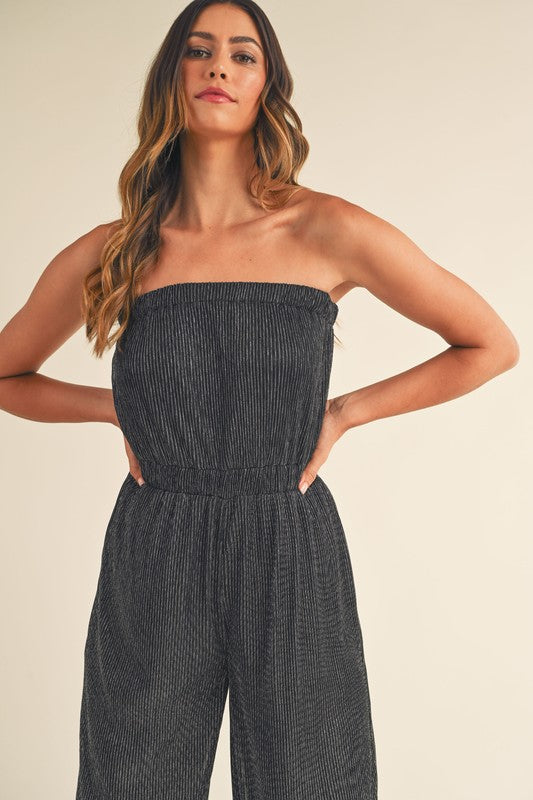 Elegant Strapless Black Silver Pleated Tube Jumpsuit