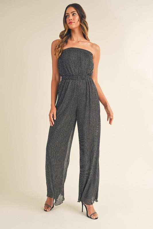 Elegant Strapless Black Silver Pleated Tube Jumpsuit