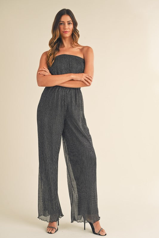 Elegant Strapless Black Silver Pleated Tube Jumpsuit