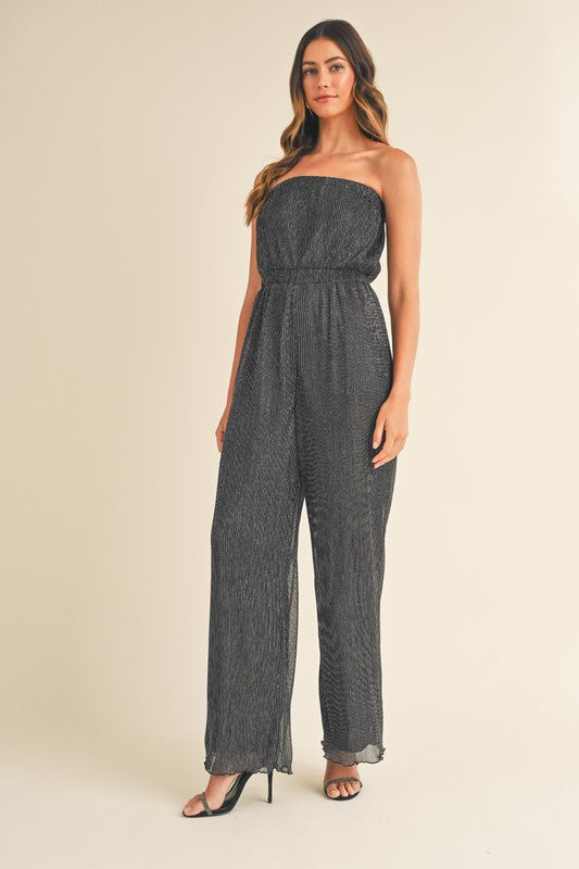 Elegant Strapless Black Silver Pleated Tube Jumpsuit