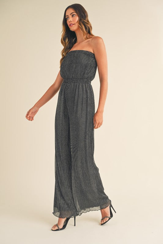 Elegant Strapless Black Silver Pleated Tube Jumpsuit