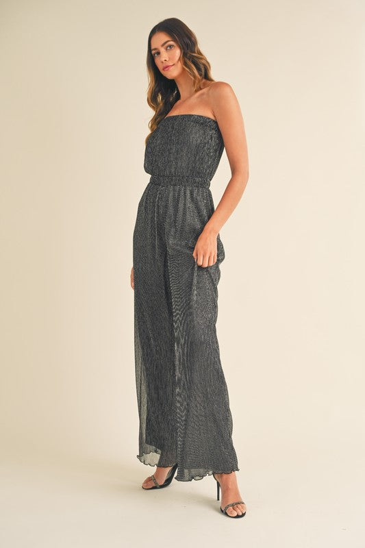 Elegant Strapless Black Silver Pleated Tube Jumpsuit