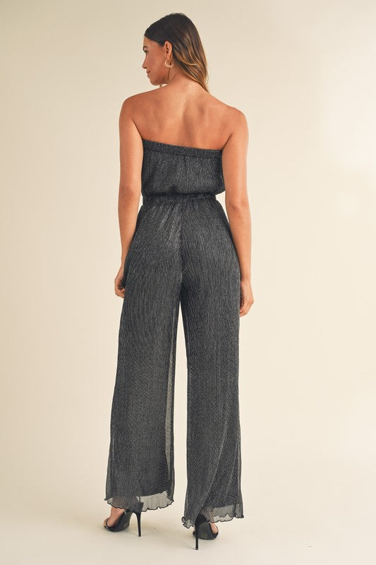 Elegant Strapless Black Silver Pleated Tube Jumpsuit