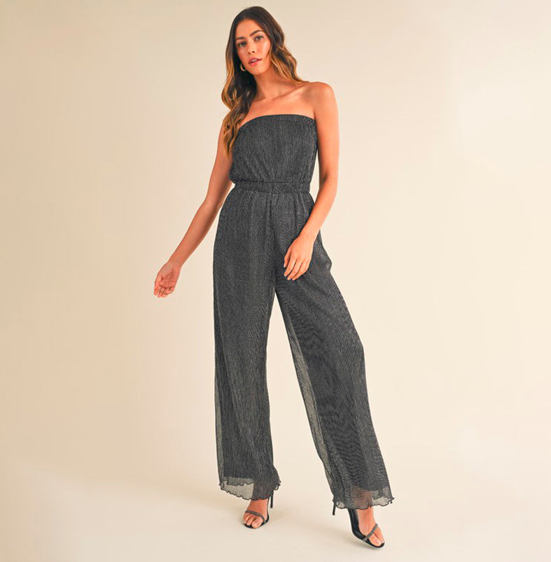 Elegant Strapless Black Silver Pleated Tube Jumpsuit