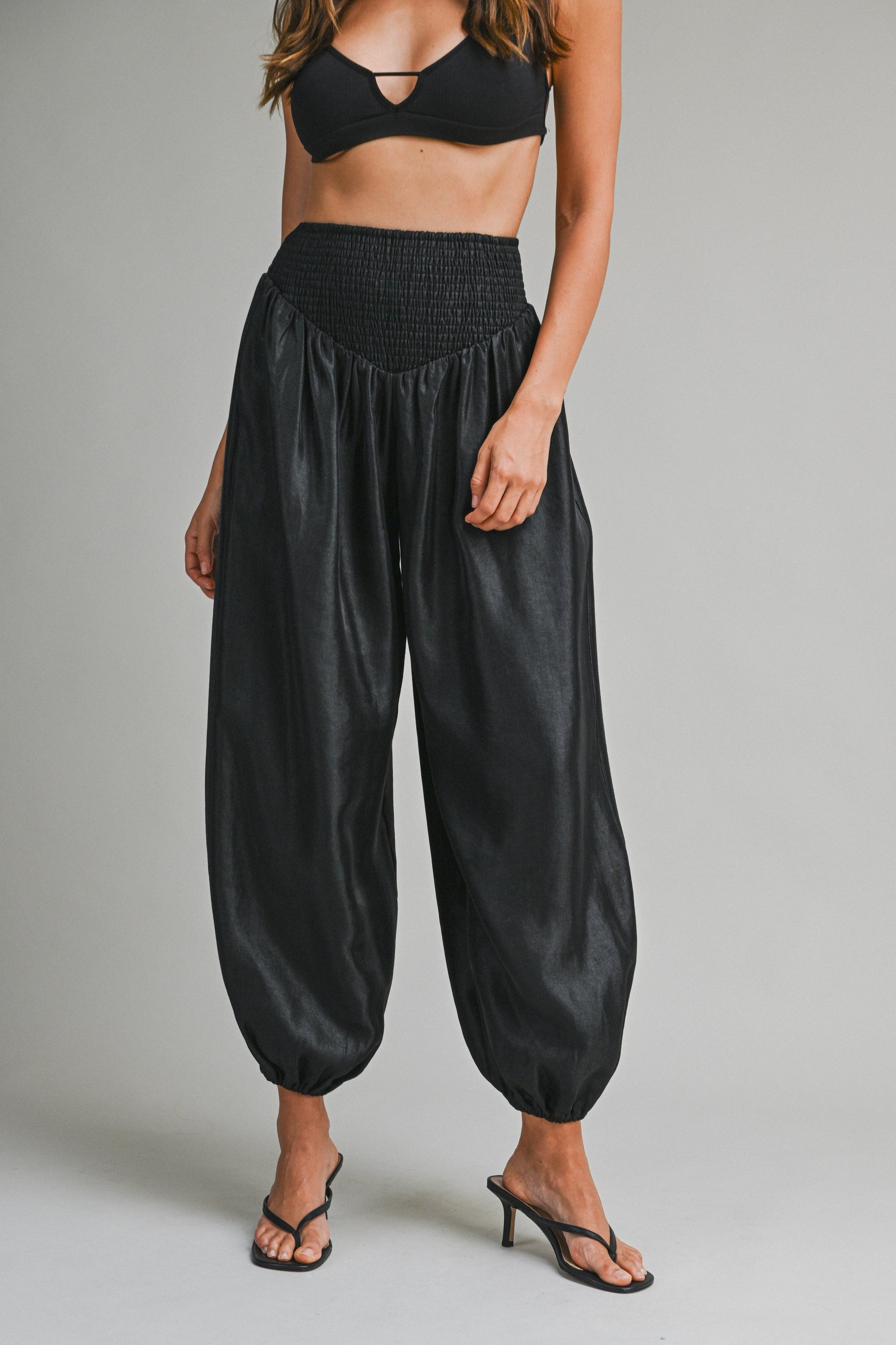 Elegant Black Satin Elastic High Waisted Balloon Pants