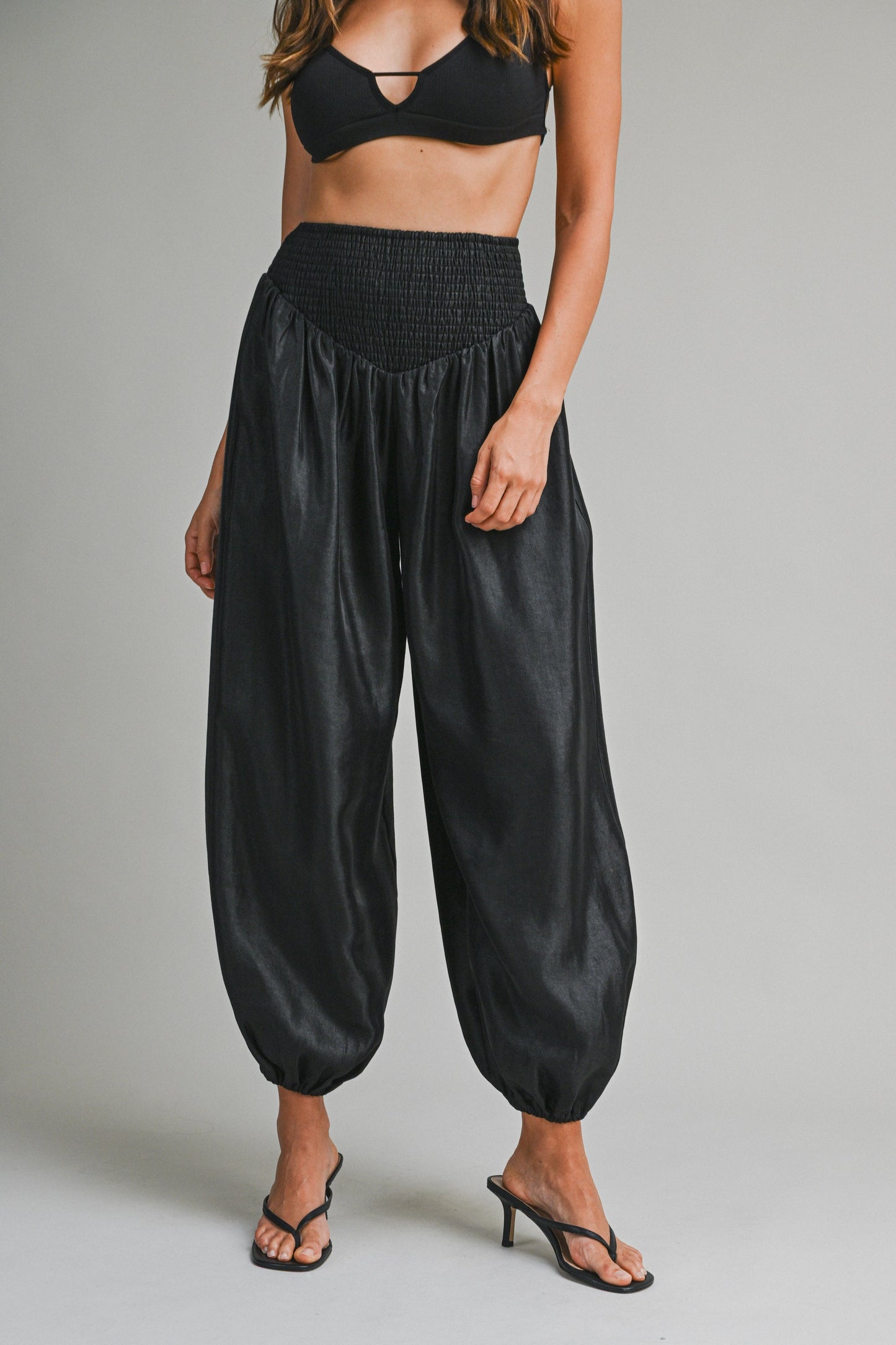 Elegant Black Satin Elastic High Waisted Balloon Pants