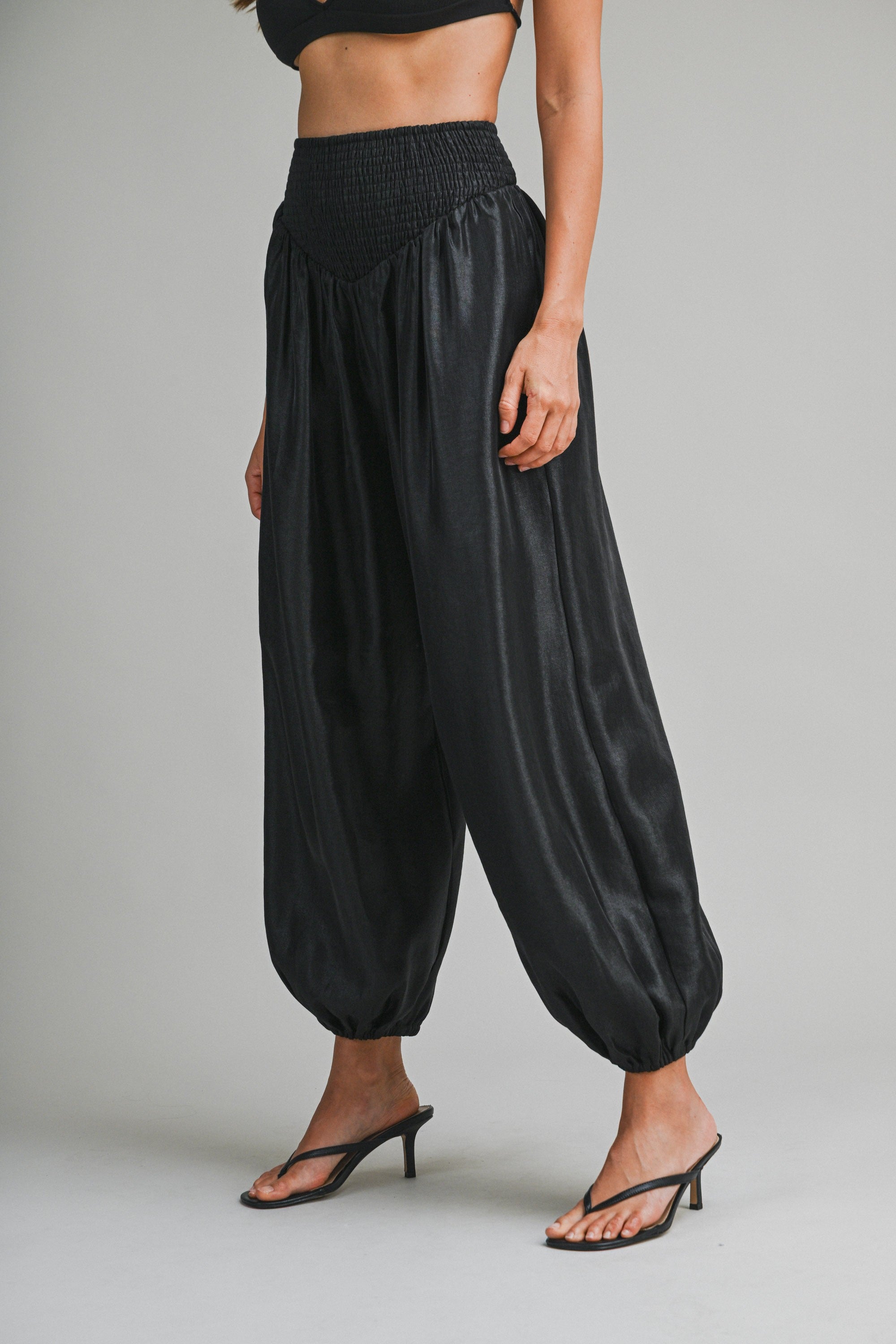 Elegant Black Satin Elastic High Waisted Balloon Pants