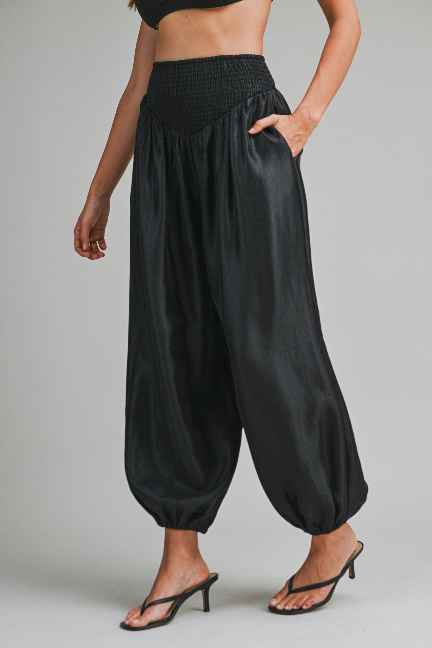 Elegant Black Satin Elastic High Waisted Balloon Pants