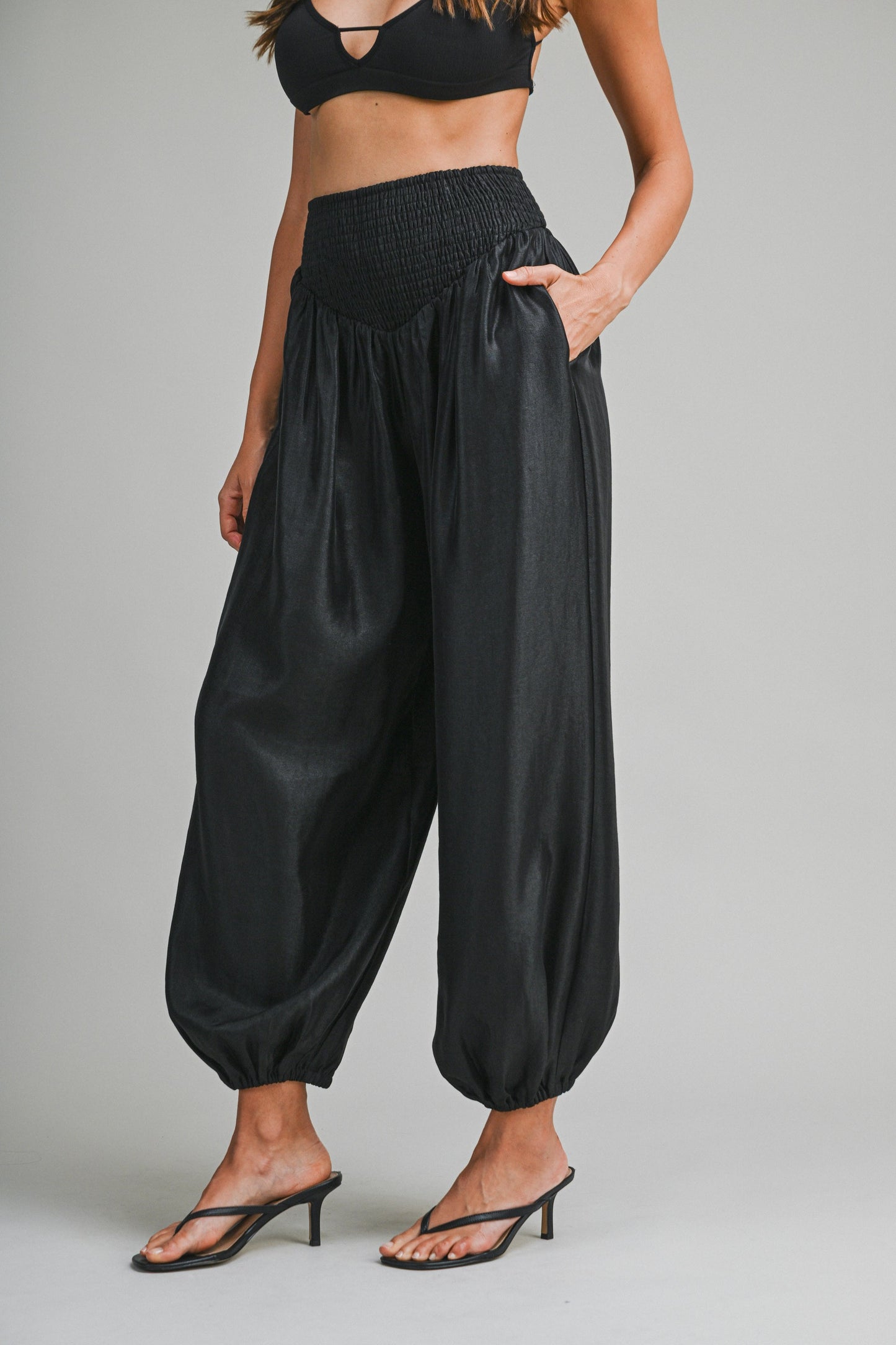 Elegant Black Satin Elastic High Waisted Balloon Pants