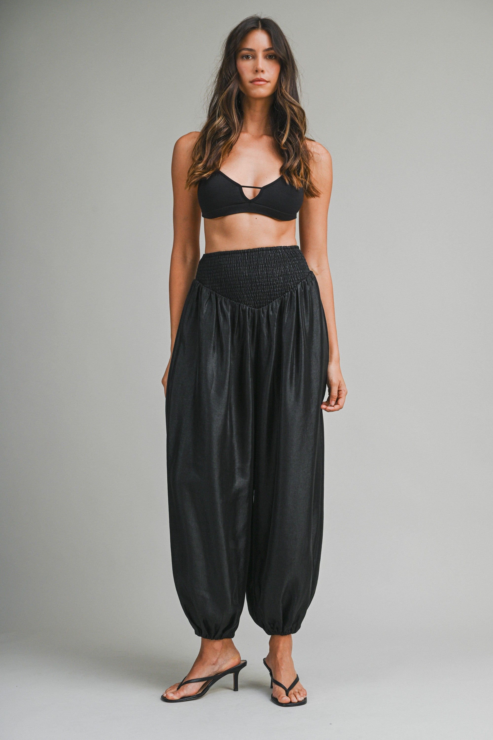 Elegant Black Satin Elastic High Waisted Balloon Pants