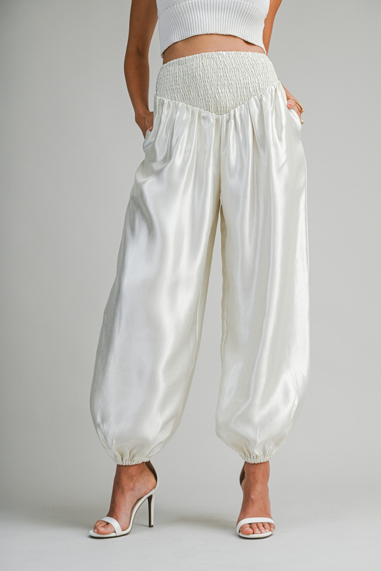 Elegant Ecru Satin Elastic High Waisted Balloon Pants