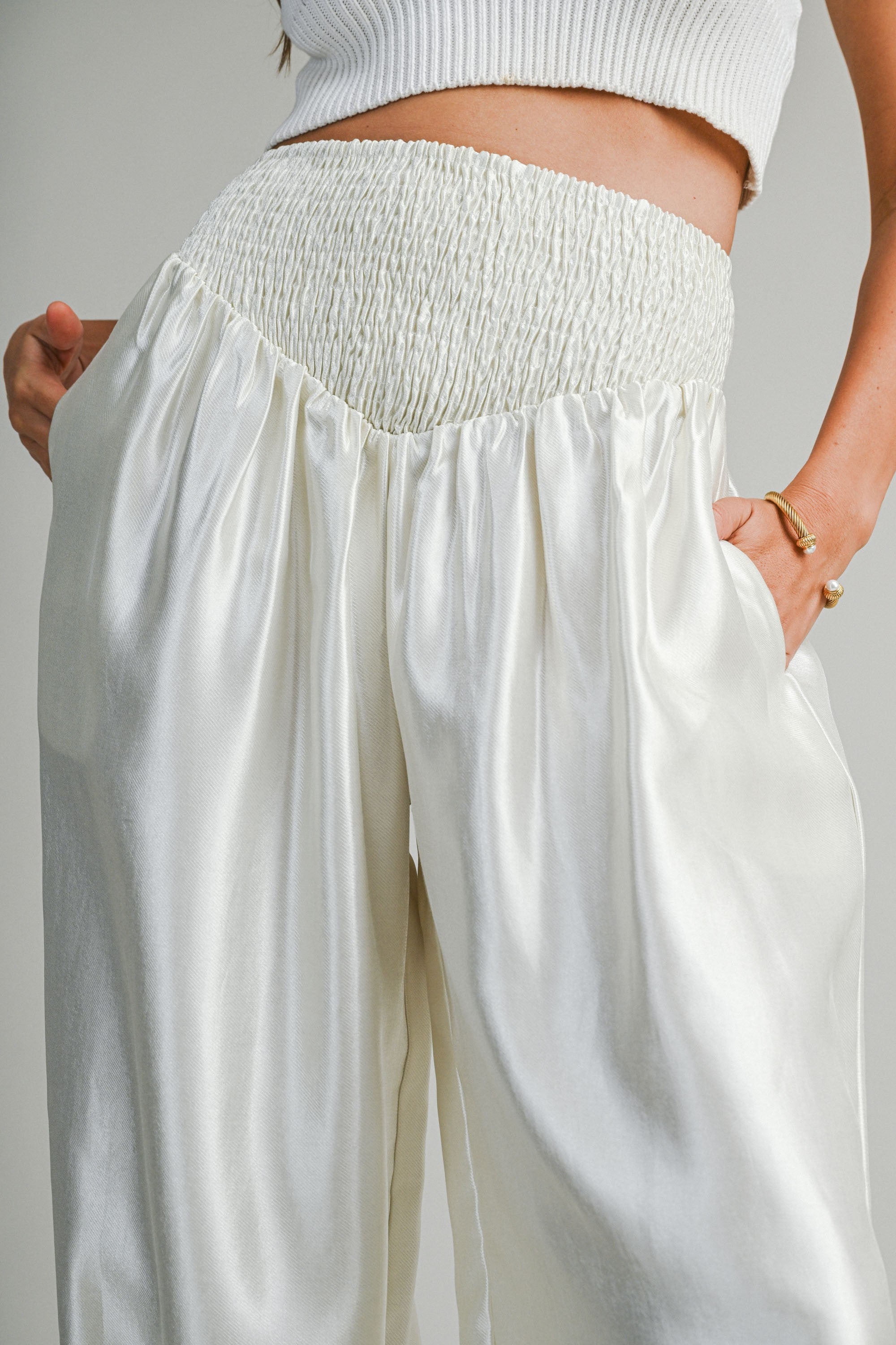 Elegant Ecru Satin Elastic High Waisted Balloon Pants