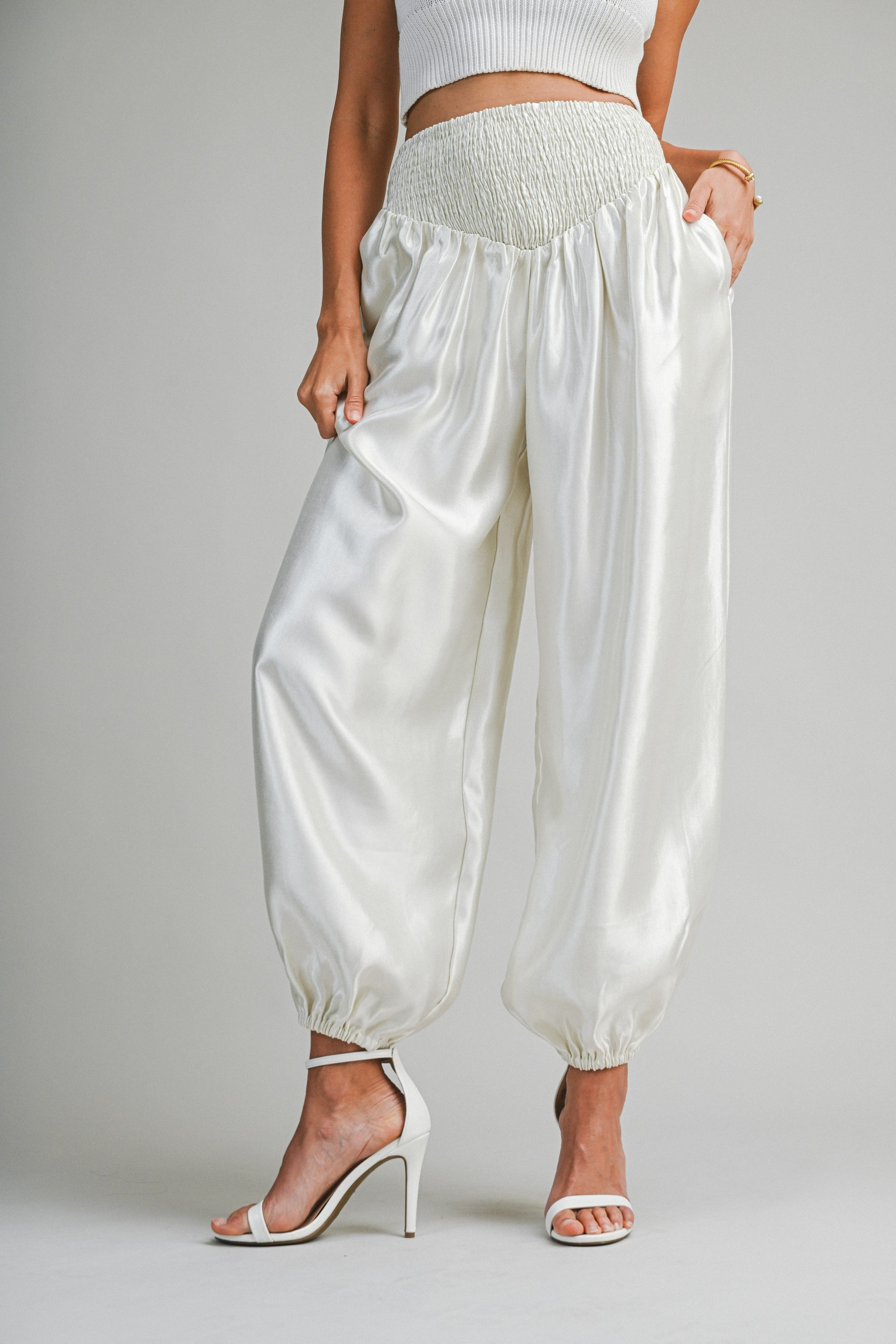 Elegant Ecru Satin Elastic High Waisted Balloon Pants