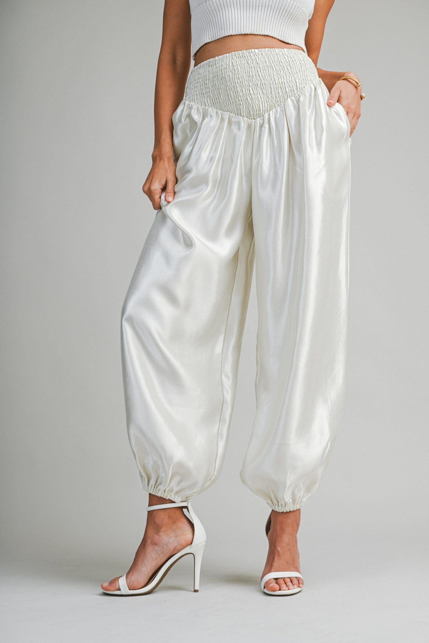 Elegant Ecru Satin Elastic High Waisted Balloon Pants