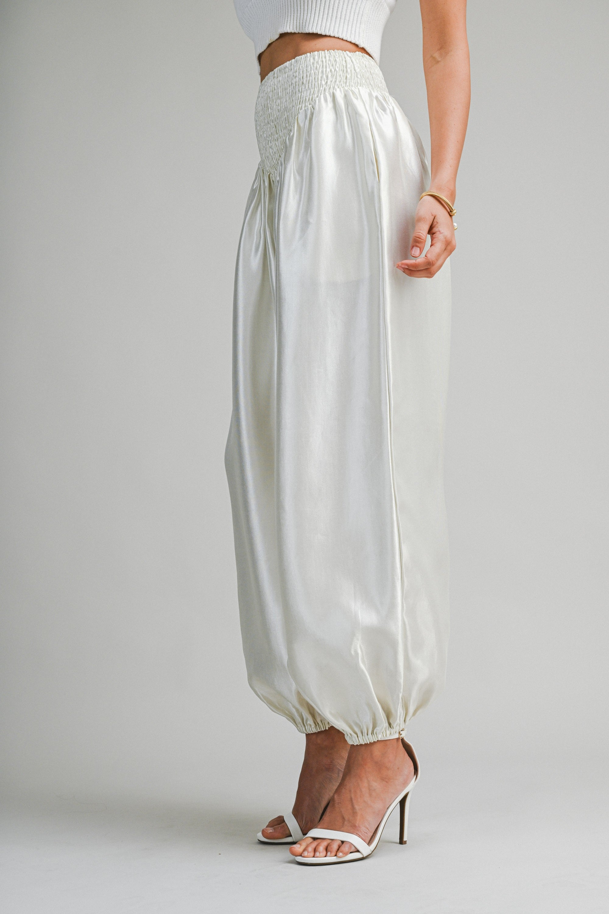 Elegant Ecru Satin Elastic High Waisted Balloon Pants