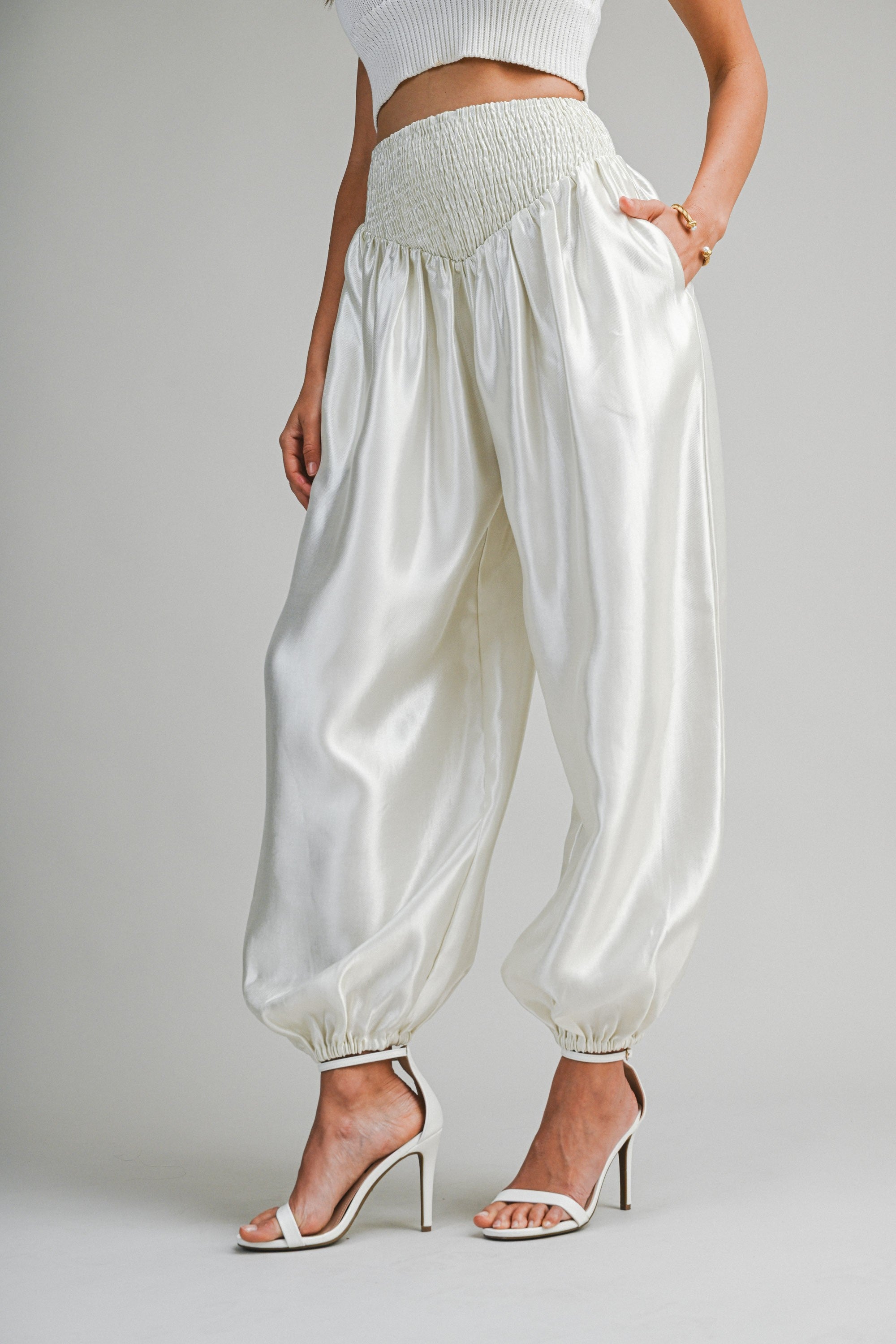 Elegant Ecru Satin Elastic High Waisted Balloon Pants